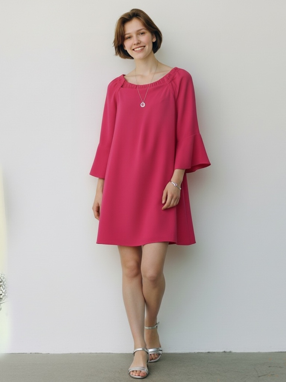 NWT Trina Turk Fuchsia Bell-Sleeve Dress Size M